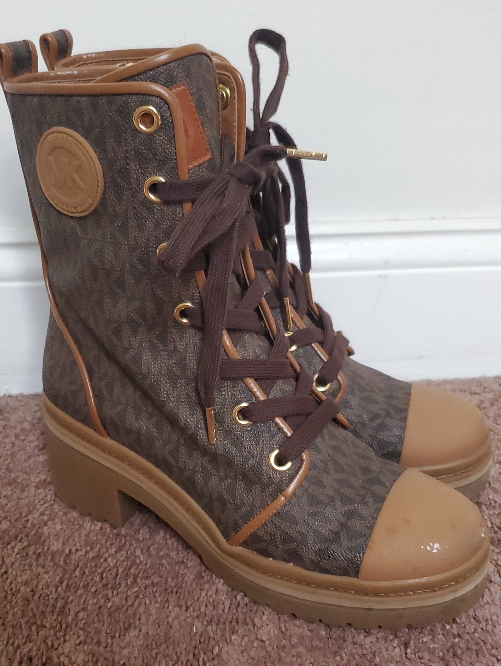 Michael Kors Brown Monogram Lace-Up Combat Boots with Tan Accents